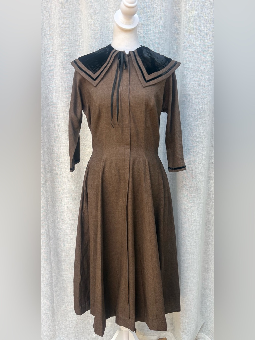 1950 Re Go fashion Brown with black velvet neckline a line dress